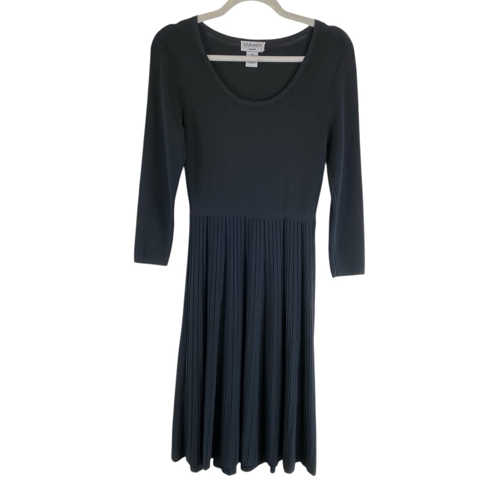 Carmen Marc Valvo Pleated Knit Midi Dress Scoop Neck 3/4 Sleeve Black Sz M